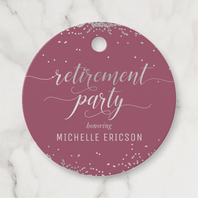 Retirement Party Favour Tag Elegant Silver, Pink (Front)