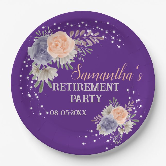 Retirement Party Floral Peony Rose Purple  Paper Plate (Front)
