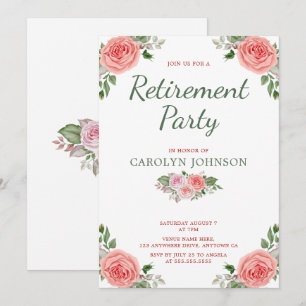 Retirement Party Floral Rose Pink Green Invitation