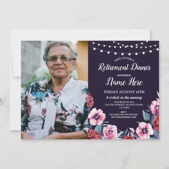 Retirement Party Flowers Navy Pink Floral Photo Invitation (Front)