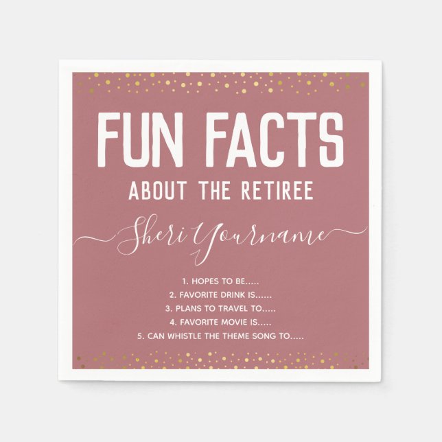 Retirement Party Fun Facts Unisex Gold Confetti Na Napkin (Front)
