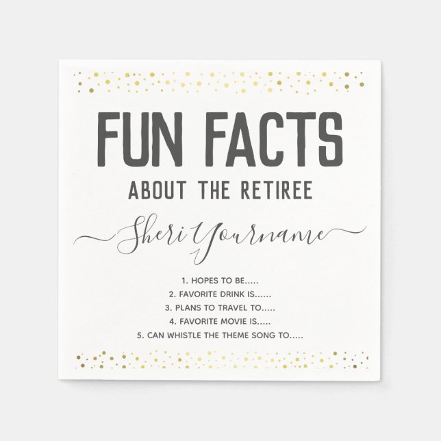 Retirement Party Fun Facts Unisex Gold Confetti Na Napkin (Front)
