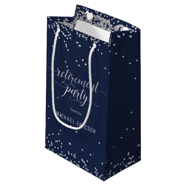 Retirement Party Gift Bag Elegant Silver, Navy (Front Angled)
