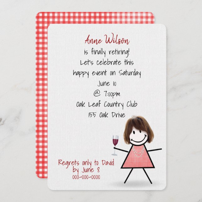 Retirement Party Girl with Wine Glass Invitation (Front/Back)