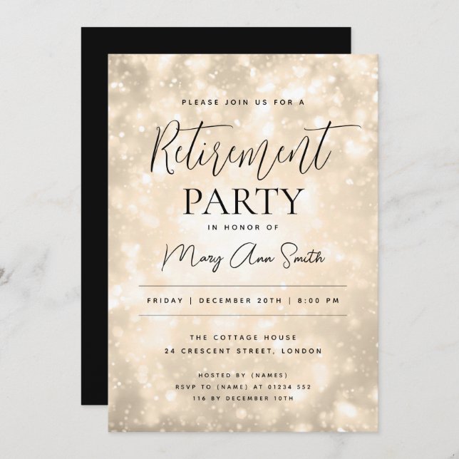 Retirement Party Glam Gold Champagne Sparkles Invitation (Front/Back)