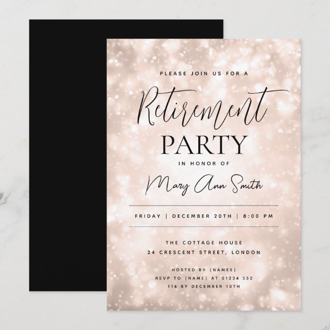 Retirement Party Glam Rose Gold Champagne Sparkle Invitation (Front/Back)