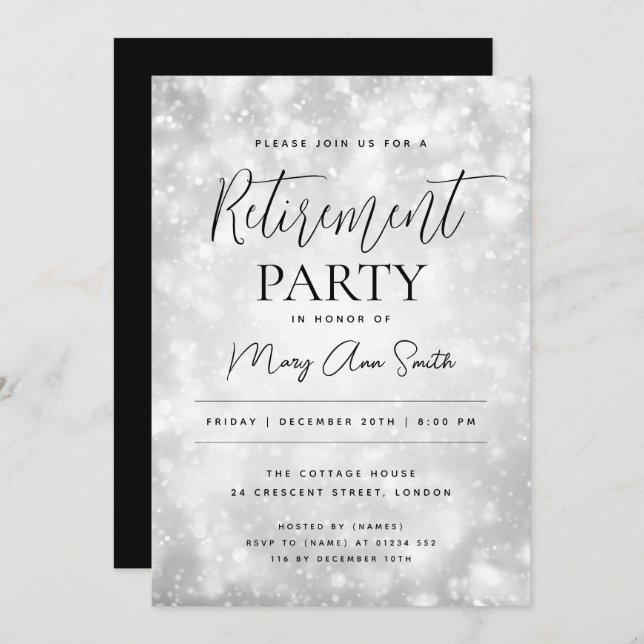 Retirement Party Glam Silver Champagne Sparkle Invitation (Front/Back)