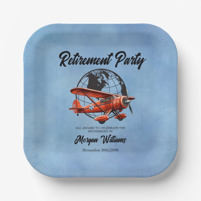 Retirement Party Globe Travel Plane Places  Paper Plate (Front)