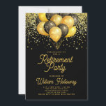 Retirement Party Gold Black Balloons Black Invitation<br><div class="desc">A modern festive retirement party invitation with gold and black balloons and gold glitter and a calligraphy script typography.</div>