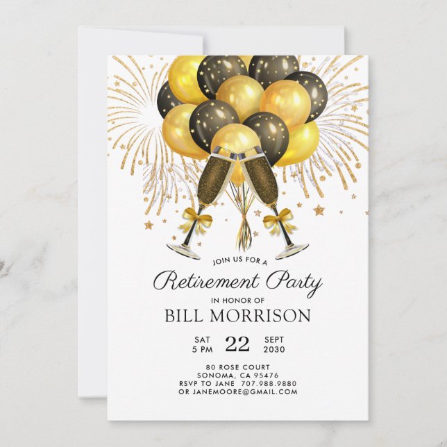 Retirement Party Gold Black Balloons Champagne  Invitation (Front)