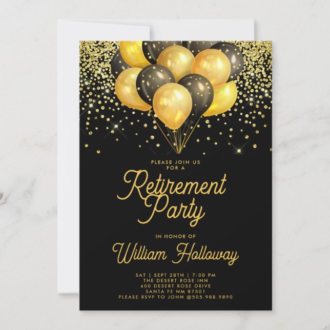 Retirement Party Gold Black Balloons Confetti Invitation (Front)