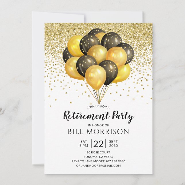 Retirement Party Gold Black Balloons Confetti Invitation (Front)