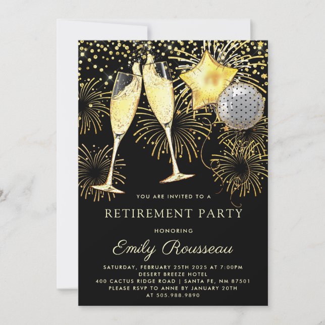 Retirement Party Gold Black Confetti Champagne Invitation (Front)