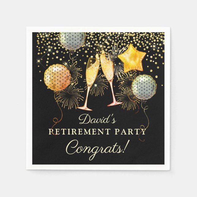 Retirement Party Gold Black Confetti Champagne Napkin (Front)
