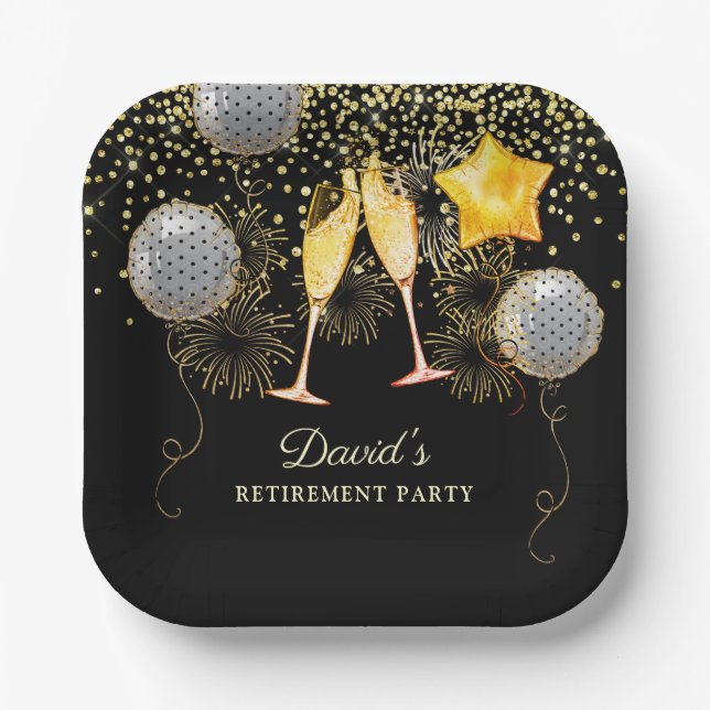 Retirement Party Gold Black Confetti Champagne  Pa Paper Plate (Front)