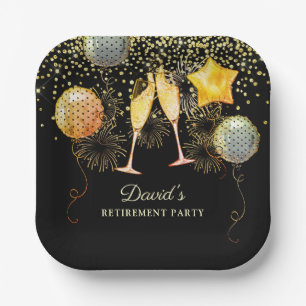 Retirement Party Gold Black Confetti Champagne Paper Plate