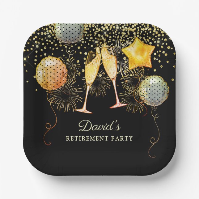 Retirement Party Gold Black Confetti Champagne  Paper Plate (Front)