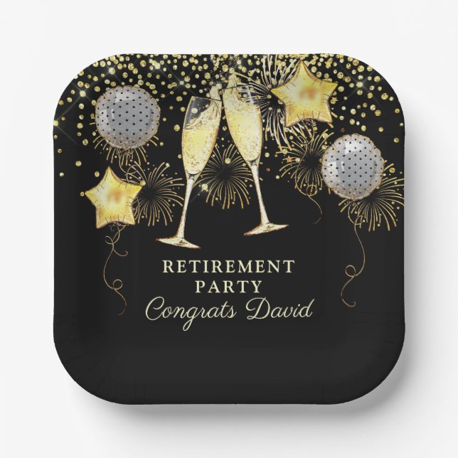 Retirement Party Gold Black Confetti Champagne Paper Plate (Front)