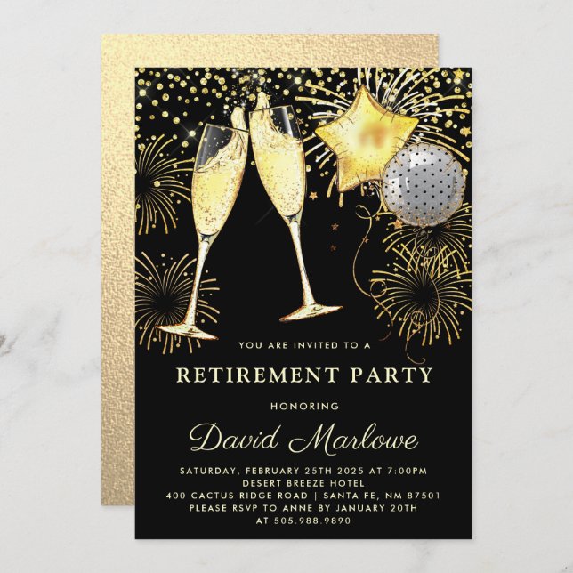 Retirement Party Gold Black Glitter Confetti Invitation (Front/Back)