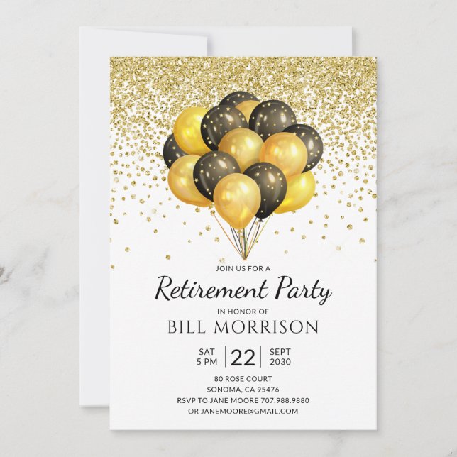 Retirement Party Gold Black On White Invitation (Front)