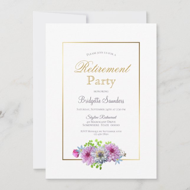 Retirement Party Gold Border with Pink Flowers Invitation (Front)