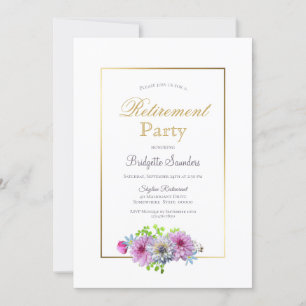 Retirement Party Gold Border with Pink Flowers Invitation
