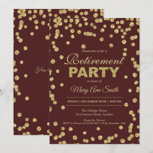 Retirement Party Gold Burgundy Glitter Confetti Invitation