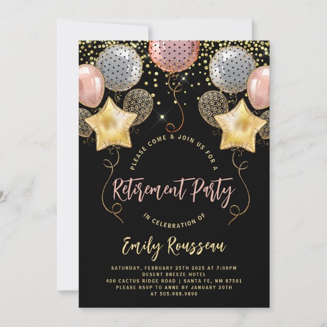 Retirement Party Gold Confetti Balloons Black  Invitation (Front)