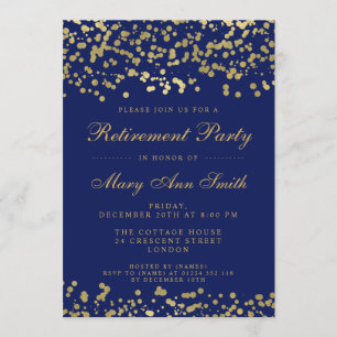 Retirement Party Gold Foil Confetti Navy Blue Invitation