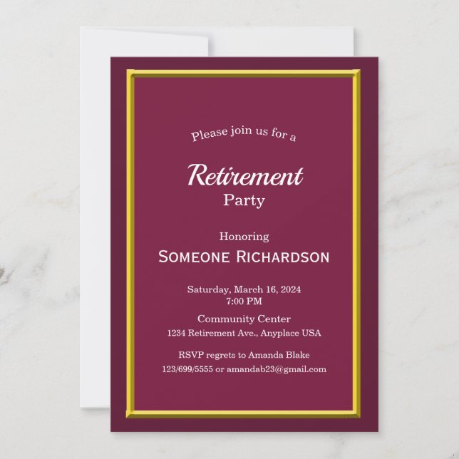 Retirement Party Gold Frame burgundy Invitation (Front)