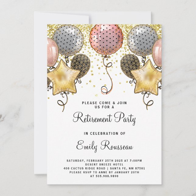 Retirement Party Gold Glitter Confetti Balloons Invitation (Front)