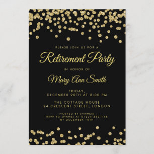 Retirement Party Gold Glitter Confetti Black Invitation