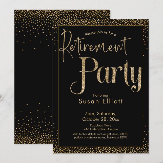 Retirement Party Gold Glitter on Black Invitation (Front/Back)