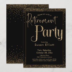Retirement Party Gold Glitter on Black Invitation