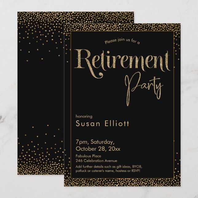 Retirement Party Gold Glitter on Black Invitation (Front/Back)