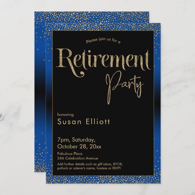Retirement Party Gold Glitter on Bright Blue Invitation (Front/Back)
