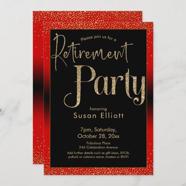 Retirement Party Gold Glitter on Bright Cherry Red Invitation (Front/Back)
