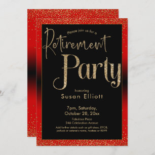 Retirement Party Gold Glitter on Bright Cherry Red Invitation