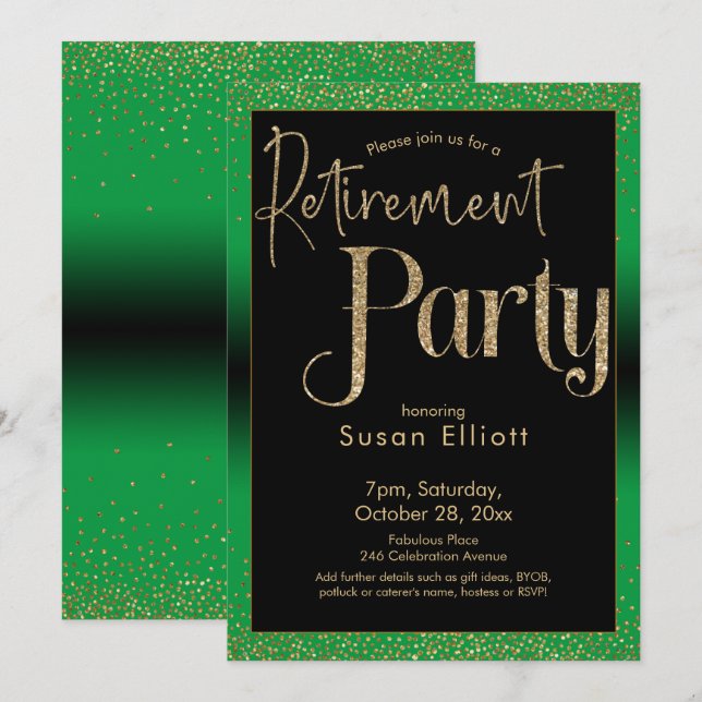 Retirement Party Gold Glitter on Bright Green Invitation (Front/Back)