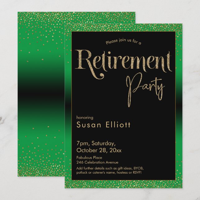 Retirement Party Gold Glitter on Bright Green Invitation (Front/Back)