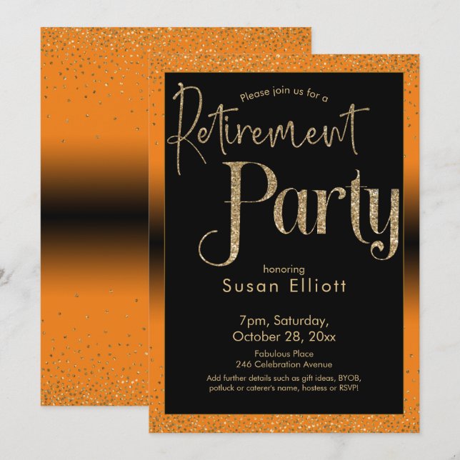 Retirement Party Gold Glitter on Bright Orange Invitation (Front/Back)