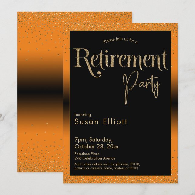 Retirement Party Gold Glitter on Bright Orange Invitation (Front/Back)