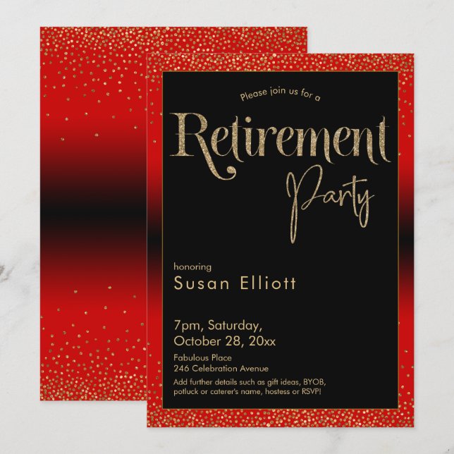 Retirement Party Gold Glitter on Cherry Red Invitation (Front/Back)