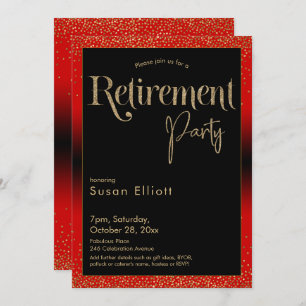 Retirement Party Gold Glitter on Cherry Red Invitation