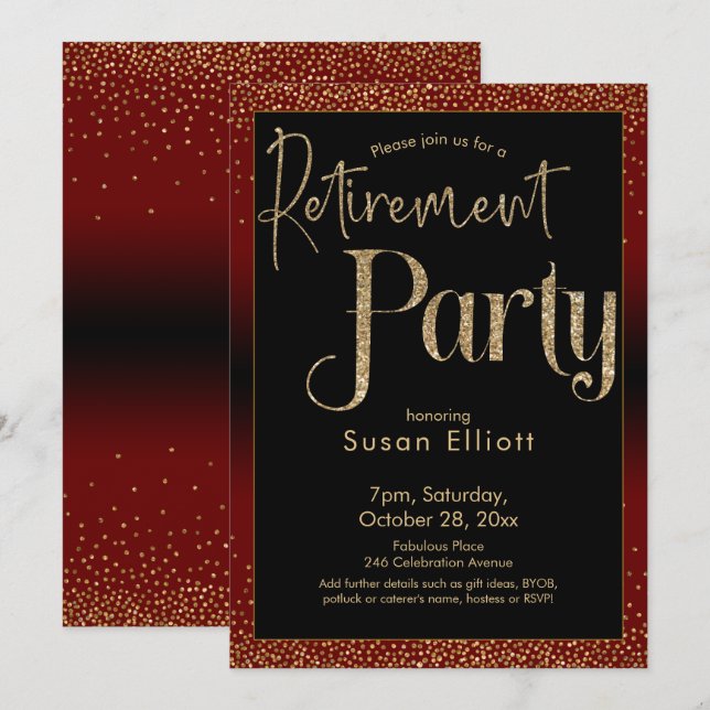 Retirement Party Gold Glitter on Dark Burgundy Red Invitation (Front/Back)