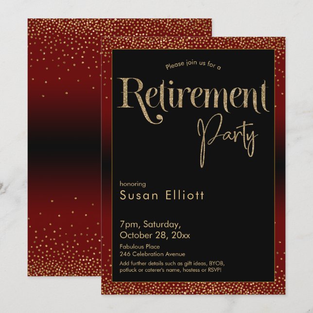 Retirement Party Gold Glitter on Dark Burgundy Red Invitation (Front/Back)