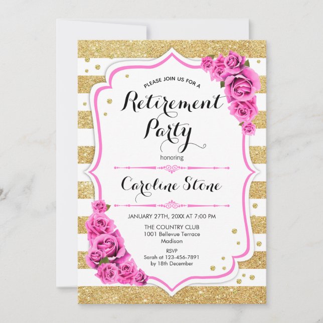 Retirement Party - Gold White Stripes Pink Roses Invitation (Front)
