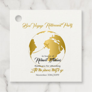 Retirement Party Golden Border Globe Bon Voyage Favour Tags