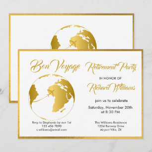 Retirement Party Golden Border Globe Bon Voyage Invitation