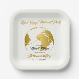 Retirement Party Golden Border Globe Bon Voyage Paper Plate